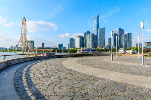 Preview: Empty Square Floor And Modern City Skyline With Buildings In Suzhou,China.