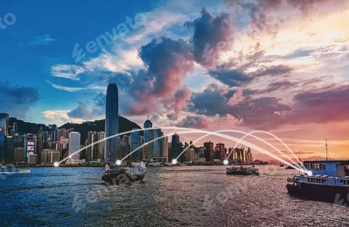 Preview: Communication And Network Link Concept Image With Hong Kong Harbor View In Background