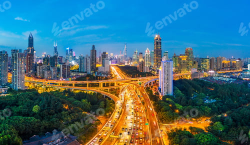 Preview: Shanghai Skyline Panoramic View At Sunset,China.