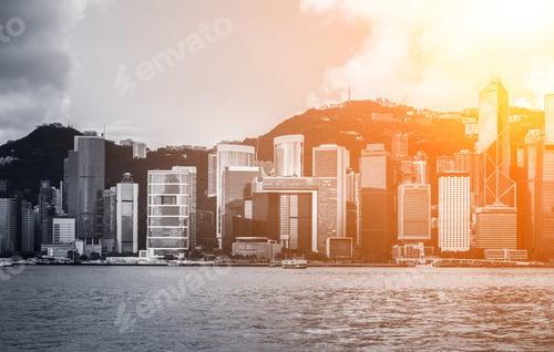 Preview: Hong Kong City View In B&W Color With Sunlight