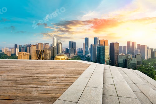 Preview: Panoramic City Skyline And Buildings With Wooden Square Floor In Hangzhou,High Angle View