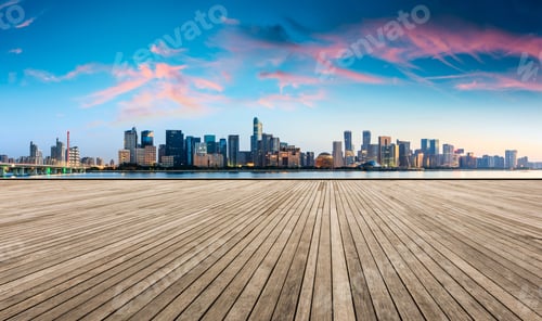 Preview: Empty Wooden Plank Platform And Hangzhou City Skyline At Sunrise