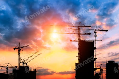 Preview: Beautiful Urban Construction Site Silhouettes At Sunset