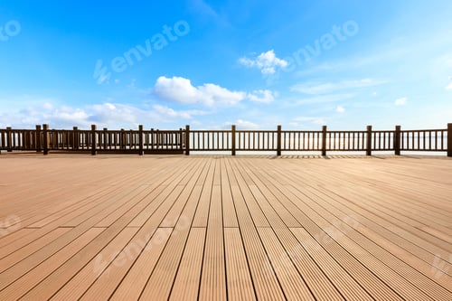 Preview: Lakeside Wood Floor Platform And Blue Sky With White Clouds
