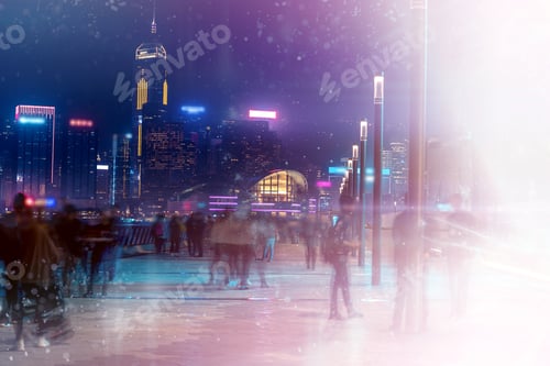 Preview: Abstract Colorful Bokeh With City Night Background. Double Exposure