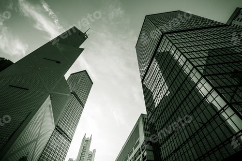 Preview: Downtown Corporate Business District Architecture, Glass Reflective Office Buildings With Green Tone