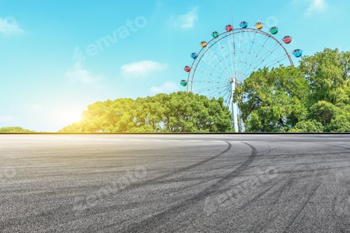 Preview: Asphalt Square Road And Ferris Wheel With Green Forest Landscape