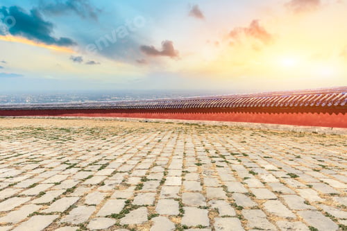 Preview: Square Brick And Red Wall With Modern City Skyline