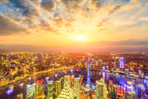 Preview: Aerial View Of Shanghai Skyline At Sunset,China.