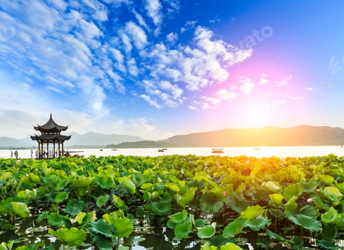 Preview: Ancient Pavilion Of Hangzhou West Lake At Dusk, In China