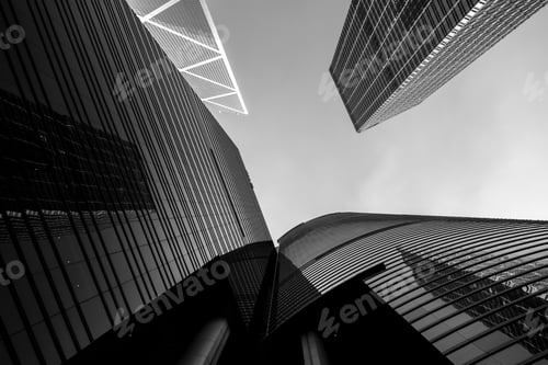 Preview: Bottom Up View Of Modern Office Building In Hong Kong, Black And White Color