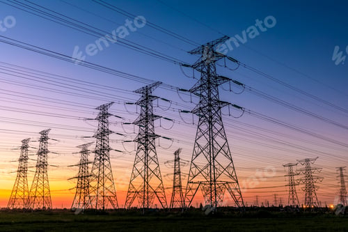 Preview: High Voltage Electricity Tower Sky Sunset Landscape,Industrial Background.