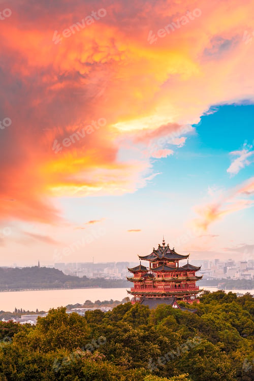 Preview: Beautiful Hangzhou West Lake And Ancient Pavilion Architectural Scenery At Sunset
