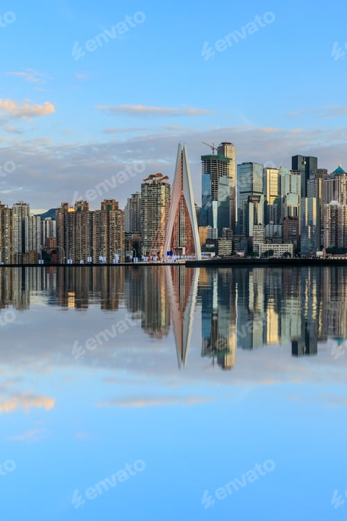 Preview: Chongqing Skyline And Modern Urban Skyscrapers With Water Reflection At Sunset,China.