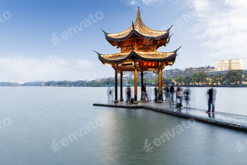 Preview: Ancient Pavilion Of Hangzhou West Lake At Dusk, In China