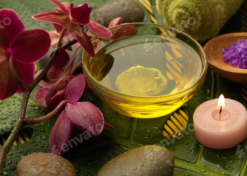 Preview: Oil And Orchid With Green Leaf On Black