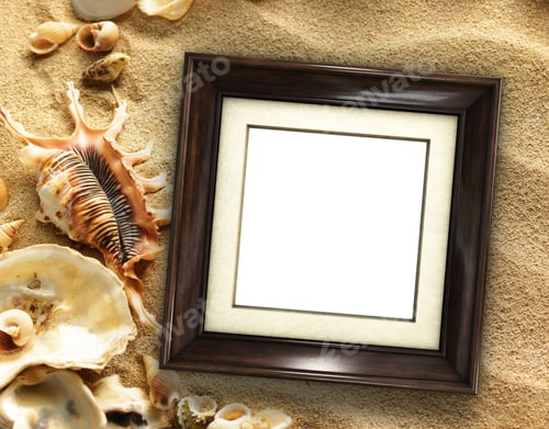 Preview: Pictue Frame On Shells And Sand Background. Copy Space.
