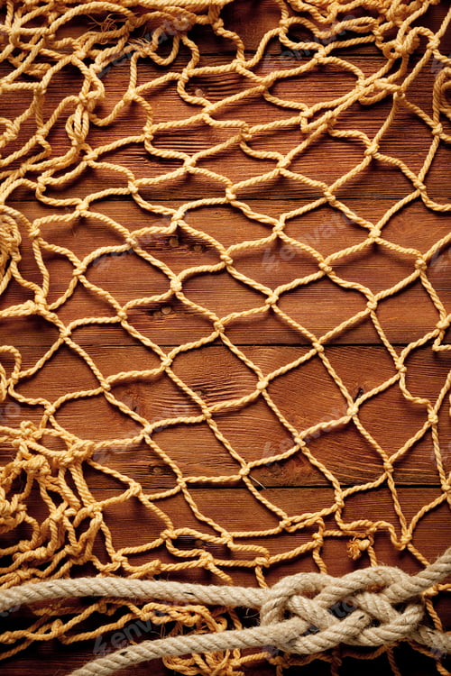 Preview: Old Rope And Fishing Net And Wood Board