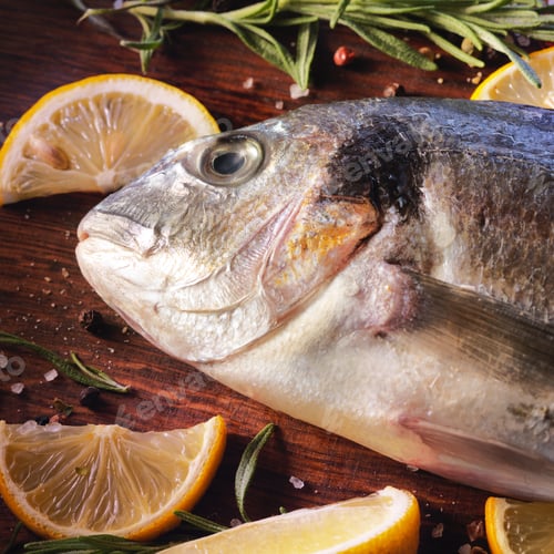 Preview: Raw Dorado Fish With Rosemary And Sea Salt Server On Old Wooden Table.