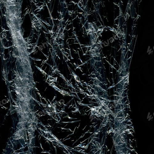 Preview: Transparent Plastic Wrap On The Black Background. Plastic Bag Texture. Reusable Trash And Waste.
