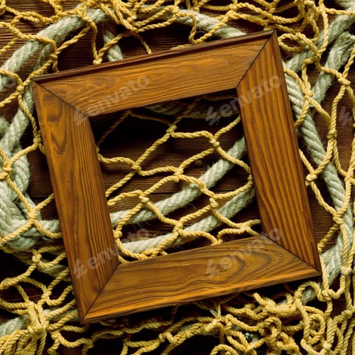 Preview: Retro Frame On Old Rope And Fishing Net And Wood Board
