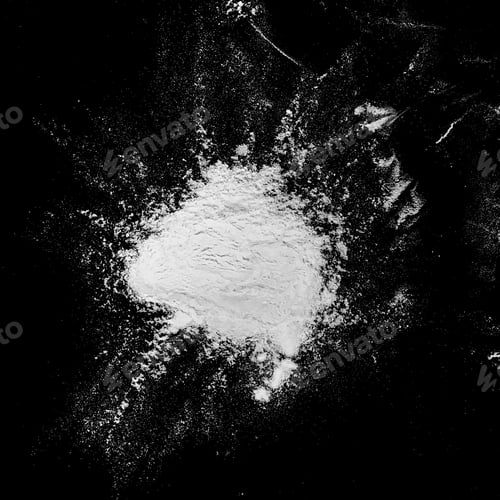 Preview: Isolated Natural White Flour Powder Texture Effect On Clean Black Background. Organic Baking