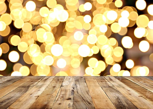 Preview: Empty Wooden Floor Of Plank Table And Bokeh Lights Of Christmas Background For Design In Your Work
