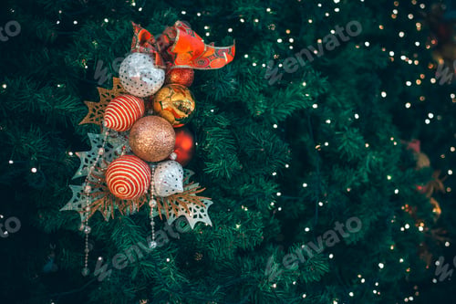 Preview: Christmas Tree With Ball Decoration With Light On Tree. Christmas And New Year Holiday Background
