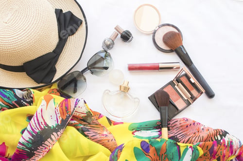 Preview: Beauty Skin Face Set Cosmetics Makeup And Prepare Relax Travel Of Colorful Woman