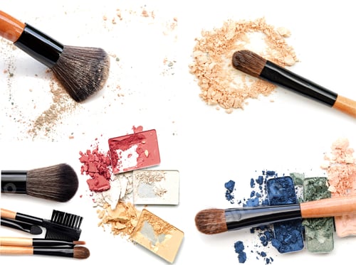 Preview: Broken Powder, Foundation And Brushes On The White Background