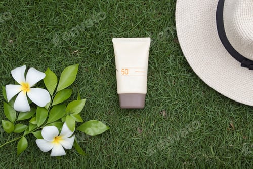 Preview: Natural Cosmetic For Skin Face Sunscreen Spf50 And Hat Of Lifestyle Woman Relax Summer With