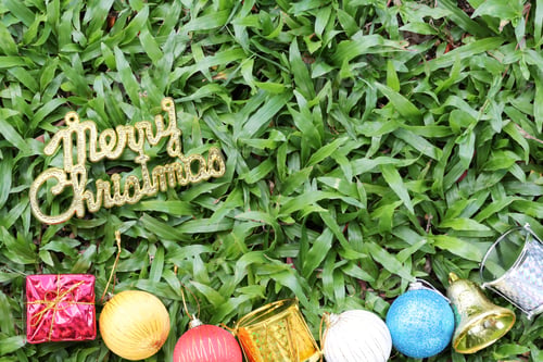 Preview: Christmas Decoration On A Green Lawn And Have Gold Text Of Merry Christmas.