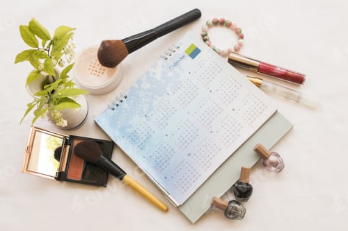 Preview: Beauty Skin Face Set Cosmetic Makeup And Calendar Planner Of Colorful Woman