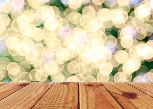 Preview: Empty Wooden Floor Of Plank Table And Bokeh Lights Of Christmas Background For Design In Your Work