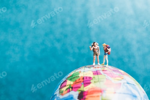 Preview: Miniature Backpacker , Travelers With Backpack Standing On World Map And Walking To Destination