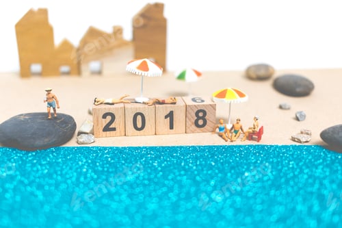 Preview: Miniature People Wearing Swimsuit Relaxing On The Beach With Wooden Block Number 2018