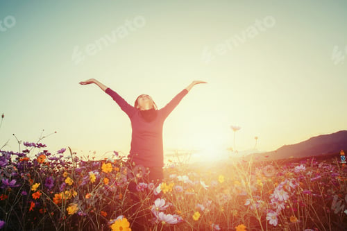 Preview: Lifestyle Concept - Beautiful Happy Woman Enjoying Fresh Air In Cosmos Flower Field