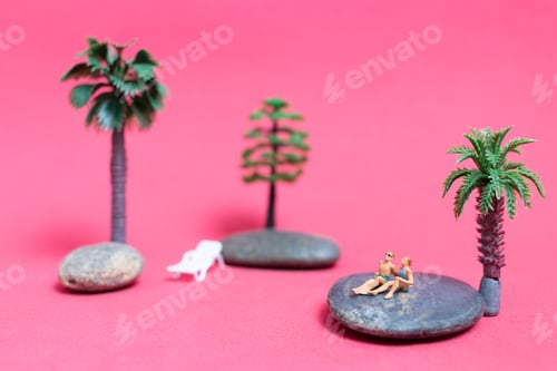 Preview: Miniature People Wearing Swimsuit Relaxing On The Rock With Pink Background , Valentine'S Day
