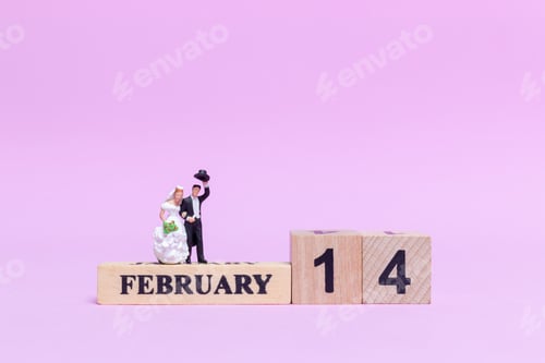 Preview: Miniature People Wedding , Bride And Groom Couple On Pink Background , Valentine'S Day Concept