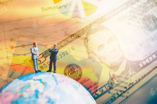 Preview: Miniature People , Businessman Standing On The Globe World Map With Graph And Dollars Banknotes For