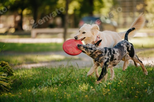Preview: A Koolie And A White Shepherd Playing With A Toy In A Park On A Sunny Day