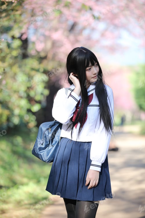 Preview: Japanese School Girl Dress With Sakura Flower Nature Walkway