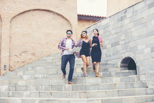 Preview: Summer Holidays And Hipster Teenagers Group Traveling Together In Urban Town Having Fun And Happy