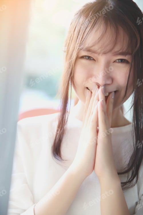 Preview: Asian Young Woman Portrait In Bed Room With White Tone