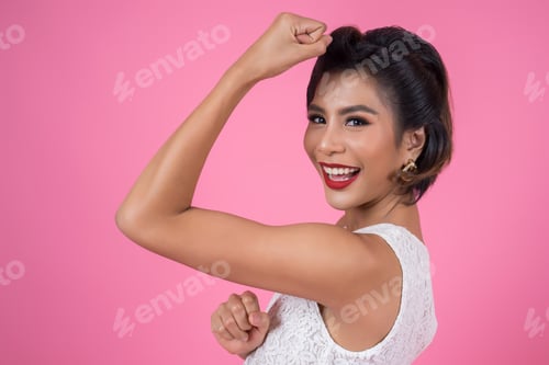 Preview: Happy Fashion Woman Showing Her Muscle Good Healthy