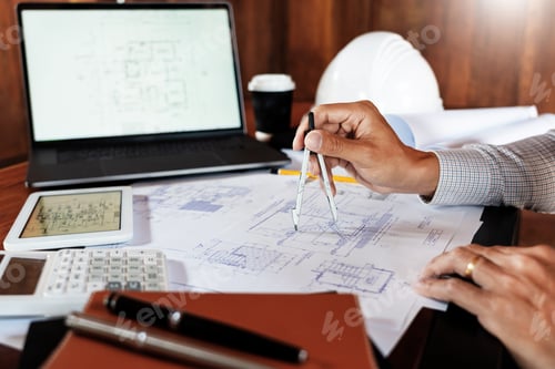 Preview: Real-Estate Concept, Two Engineer And Architect Discussing Blueprints Data Working And Digital
