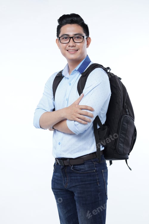 Preview: Asian Handsome Cheerful Male Student With Back Pack, Isolated On White Background, With Copy Space