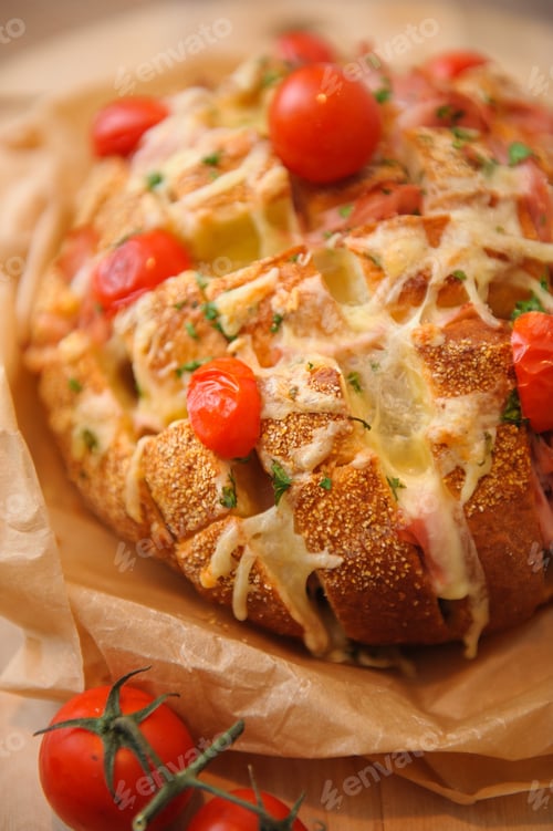 Preview: A Vertical Shot Of A Baked Bread Made With Sauce And Tomatoes On A Blurred Background