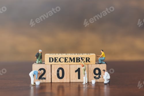 Preview: Miniature Worker Team Painting On Wooden Block , Happy New Year 2019 Concept