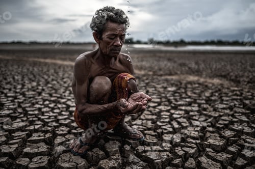 Preview: An Elderly Man Sitting In Touch With Rain In The Dry Season, Global Warming, Selection Focus